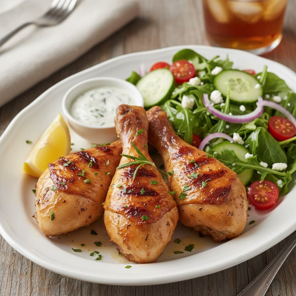 Roasted chicken drumsticks with a herb salad and lemon